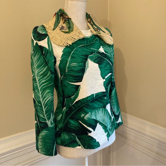 DOLCE AND GABBANA Green White Banana Leaf Tropical Print Straw Collar Jacket - Picture 3 of 15